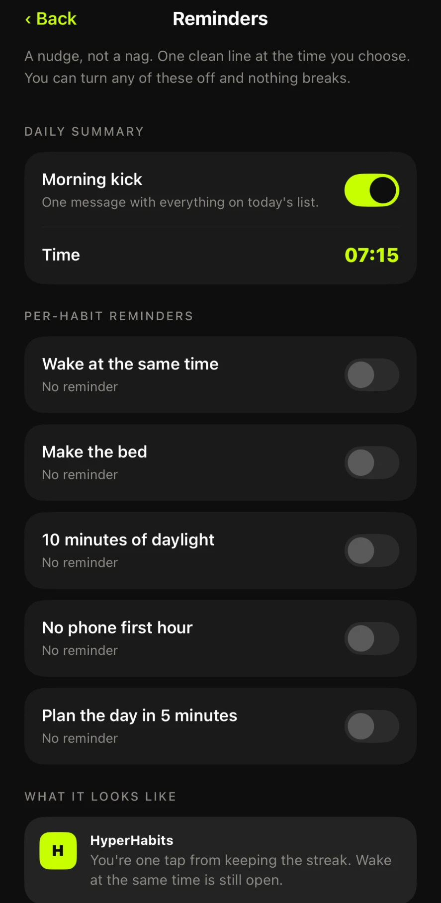 HyperHabits Reminders screen on iPhone